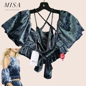 MISA LA NWT Teal Crushed Velvet Halter Ruffle Balloon Crop Top S — Dopamine Glam